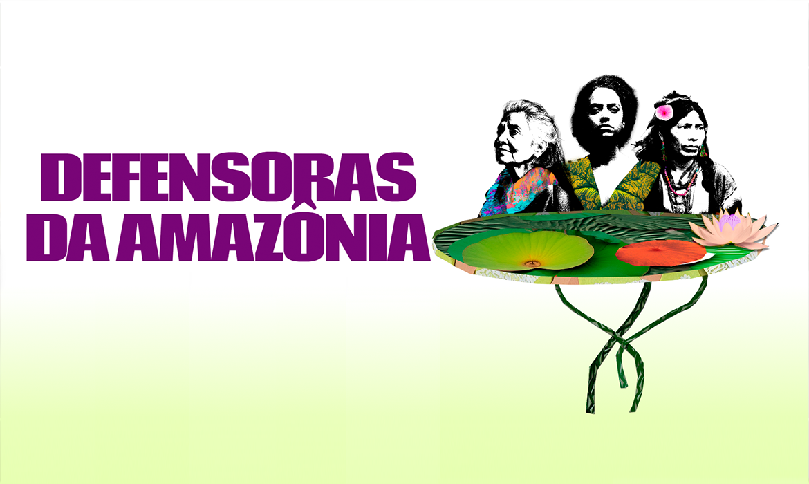 Imagem de fundo branco com degradê amarelo. Frase escrita em letras roxas Desfensoras da Amazônia e foto de três mulheres em preto e branco ao lado